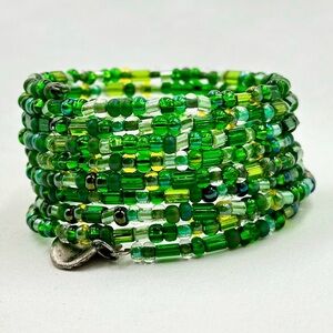 Green beaded wrap bracelet, memory wire bracelet, cuff bracelet, coil bracelet